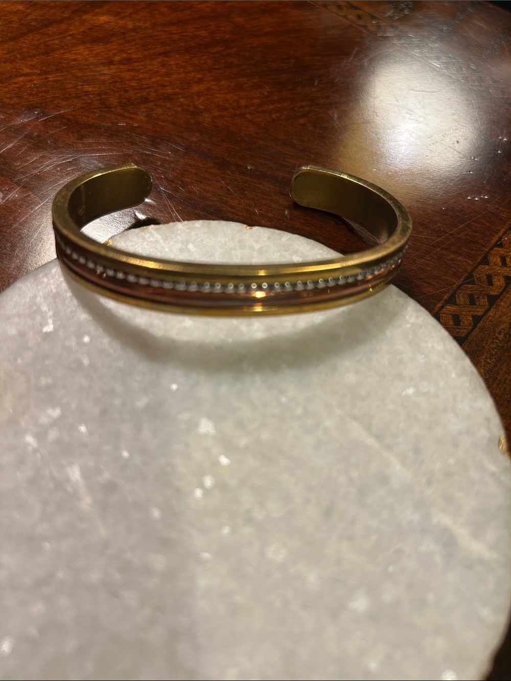 Cuff Bracelet with brass, copper. And raised silver tone detailing minimalist,